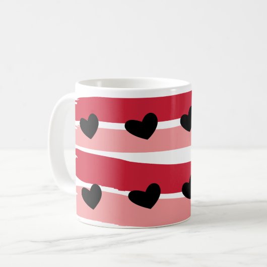 Red Pink Stripes Pattern Black Hearts Koffiemok (Voorkant links)