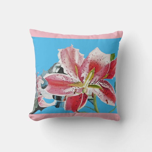 Red Pink Tropical lily Lillies Flower Floral Blue Kussen (Voorkant)
