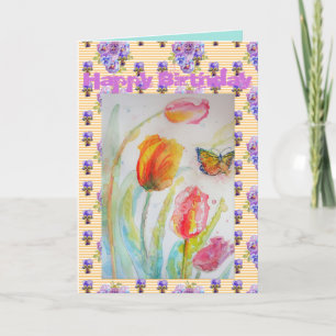 Red Pink Tulip en Butterfly Waterverf art Card Kaart