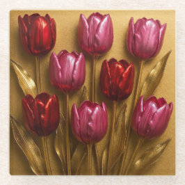Red Pink Tulips Gold Glass Coaster Glazen Onderzetter