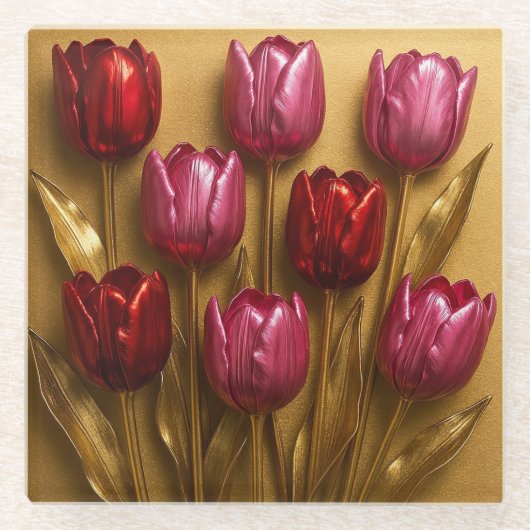 Red Pink Tulips Gold Glass Coaster Glazen Onderzetter (Voorkant)