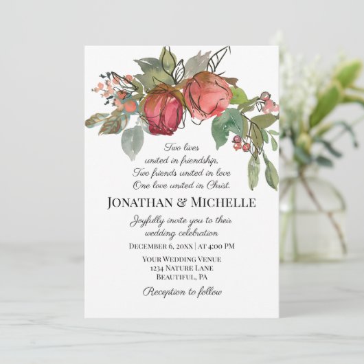 Red Pink Two Rozen Greenery Christelijk Wedding Kaart (Staand voorkant)