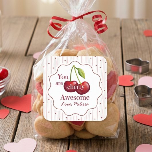 Red Pink Valentine You Are Cherry Awesome  Vierkante Sticker
