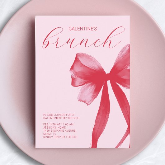 Red Pink Watercolor Bow Galentine’s Friends Brunch Kaart