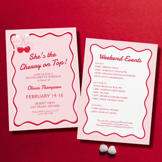 Red Pink Wavy Cherry op Top Bachelorette Party Kaart