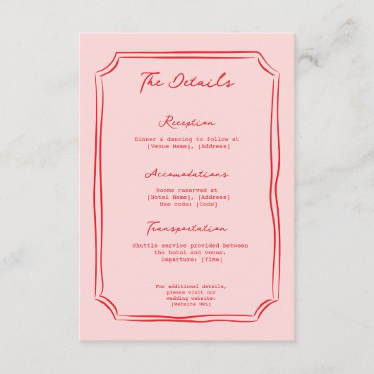 Red + Pink Wedding Details Enclosure Card Informatiekaartje (Voorkant)