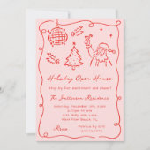 Red & Pink Whimsical Doodle Christmas Open House Kaart (Voorkant)