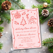 Red & Pink Whimsical Doodle Christmas Open House Kaart