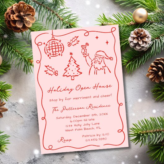 Red & Pink Whimsical Doodle Christmas Open House Kaart