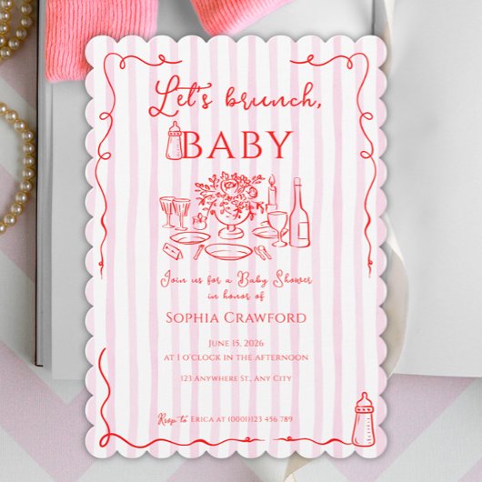 Red Pink Whimsical Doodle Let's Brunch Baby Shower Kaart