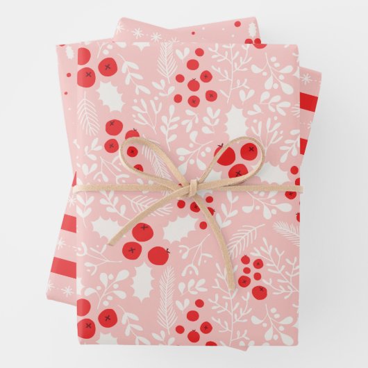 Red Pink White Holly Berries Mistletoe Kerstmis Inpakpapier Vel (In situ)