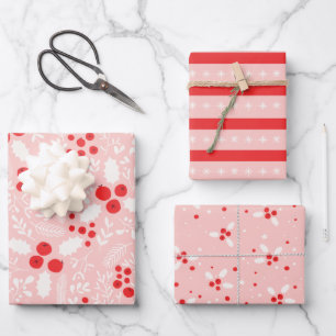 Red Pink White Holly Berries Mistletoe Kerstmis Inpakpapier Vel