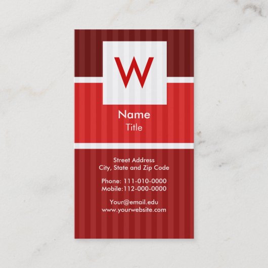 Red Pinstripe - Modern Monogram Visitekaartje (Voorkant)