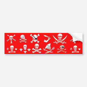 RED PIRATE BANNERS SKULL, CROSSED BOTTEN, SWOREN BUMPERSTICKER