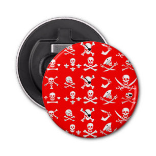 RED PIRATE BANNERS SKULL, CROSSED BOTTEN, SWOREN BUTTON FLESOPENER