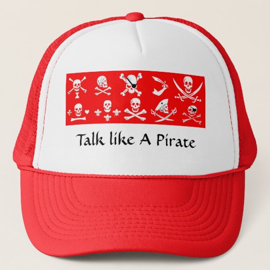 RED PIRATE BANNERS SKULL, CROSSED BOTTEN, SWOREN TRUCKER PET (Voorkant)