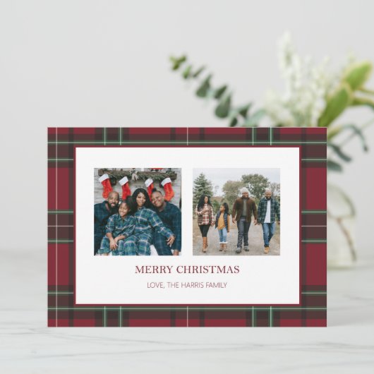 Red Plaid 2 foto kerst Kaart (Staand voorkant)