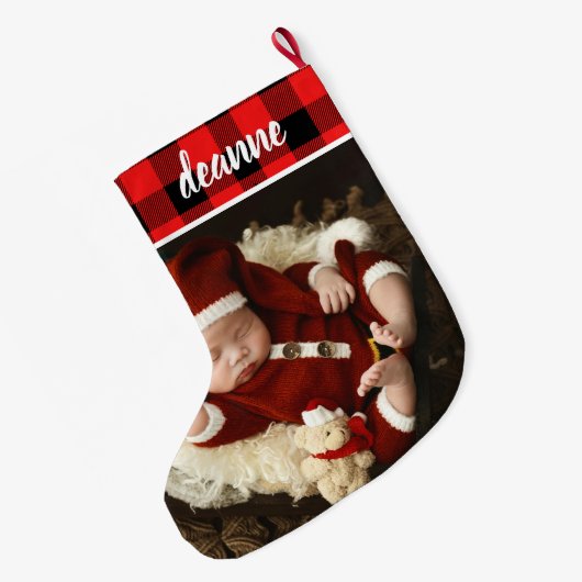 Red Plaid Baby's eerste kerst 1 foto Grote Kerstsok (Achterkant (Hangend))