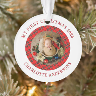 Red Plaid Baby's Eerste Kerst Custom Naam Ornament