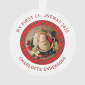 Red Plaid Baby's Eerste Kerst Custom Naam Ornament (voorkant)