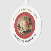 Red Plaid Baby's Eerste Kerst Custom Naam Ornament (voorkant)