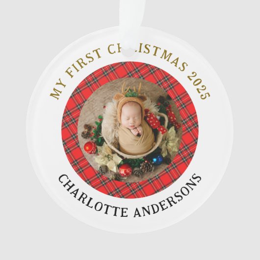 Red Plaid Baby's Eerste Kerst Custom Naam Ornament (voorkant)