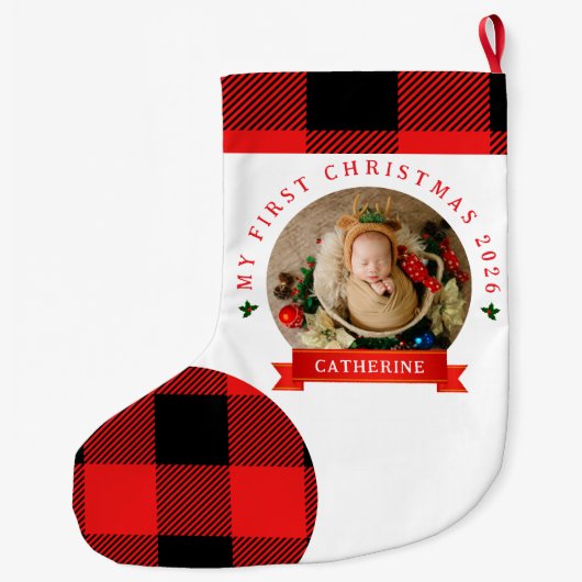 Red Plaid Baby's Eerste Kerstmis 1 Foto Kerstmis Grote Kerstsok (Achterkant)