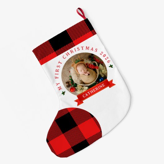 Red Plaid Baby's Eerste Kerstmis 1 Foto Kerstmis Grote Kerstsok (Achterkant (Hangend))
