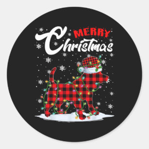 Red Plaid Beagle Dog Santa Hat Kerstboom Licht Ronde Sticker