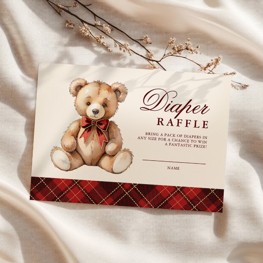 Red Plaid Bear Baby Shower Diaper Raffle Informatiekaartje