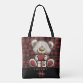 Red Plaid Bear I Love You Custom Name Monogram Tote Bag (Achterkant)