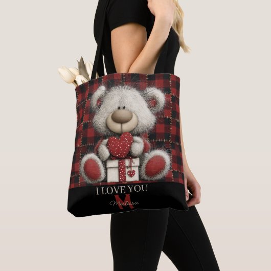 Red Plaid Bear I Love You Custom Name Monogram Tote Bag (Dichtbij)
