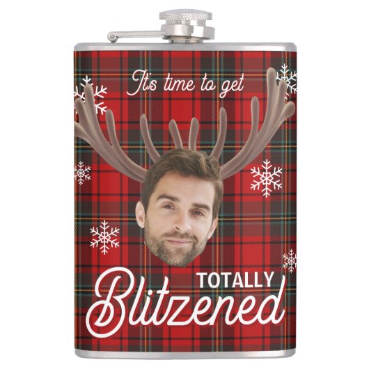 Red Plaid Blitzened Holiday Humor Drinking Flask Heupfles (Voorkant)