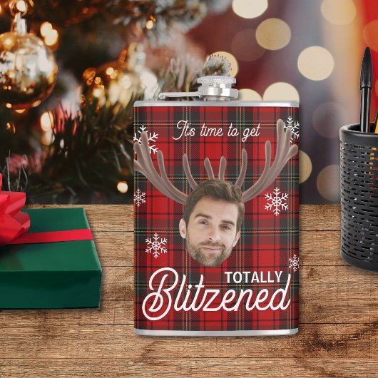 Red Plaid Blitzened Holiday Humor Drinking Flask Heupfles