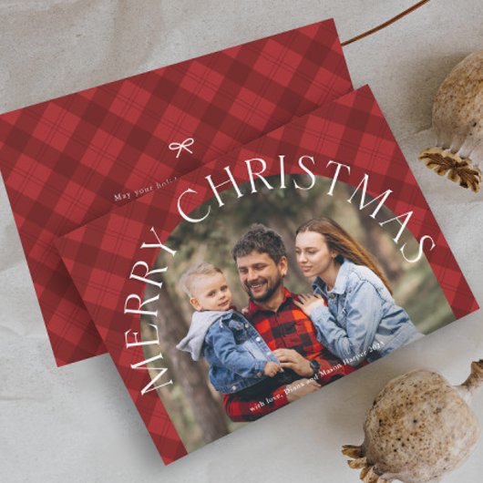 Red Plaid Boho Arch Merry Christmas Photo  Feestdagenkaart