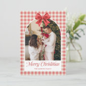Red Plaid Boho Bow Ribbon 5 Photo Feestdagenkaart (Staand voorkant)