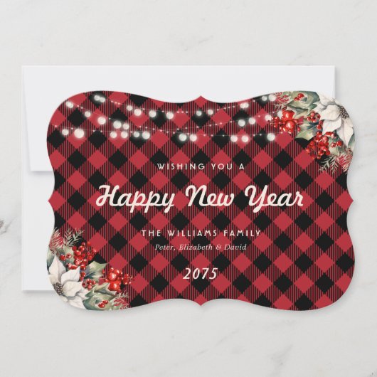 Red Plaid Botanical String Lights New Year Card Feestdagenkaart (Voorkant)