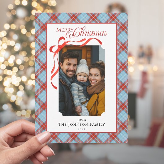 Red Plaid Bow Family Christmas Photo Feestdagenkaart