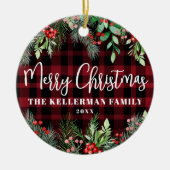 Red Plaid Christmas Photo Keramisch Ornament (Voorkant)