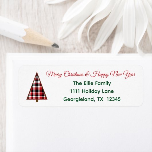Red Plaid Christmas Tree Retouradres Label (Insitu)