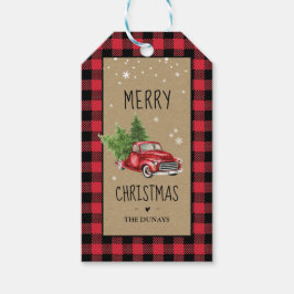 Red Plaid Christmas Truck Label Cadeaulabel