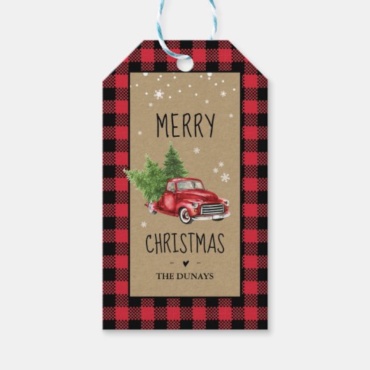 Red Plaid Christmas Truck Label Cadeaulabel (Voorkant)