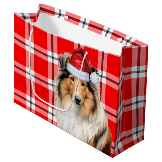 Red Plaid Collie Hondenliefhebber Holiday Groot Cadeauzakje (Voorkant Gekanteld)