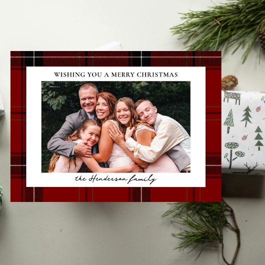 Red Plaid Custom Horizontal Photo Christmas  Feestdagenkaart