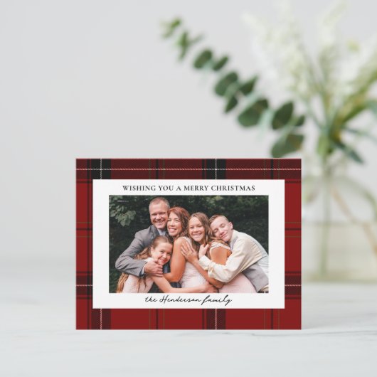 Red Plaid Custom Horizontal Photo Christmas  Feestdagenkaart (Staand voorkant)