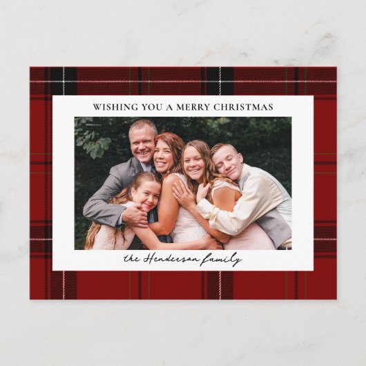 Red Plaid Custom Horizontal Photo Christmas  Feestdagenkaart (Voorkant)