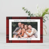 Red Plaid Custom Two Horizontal Photo Christmas  Feestdagenkaart (Staand voorkant)