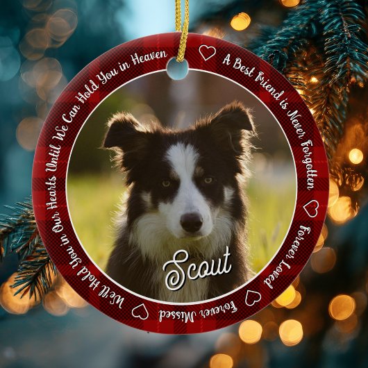 Red Plaid Dog Memorial Photo Forever Loved Keramisch Ornament