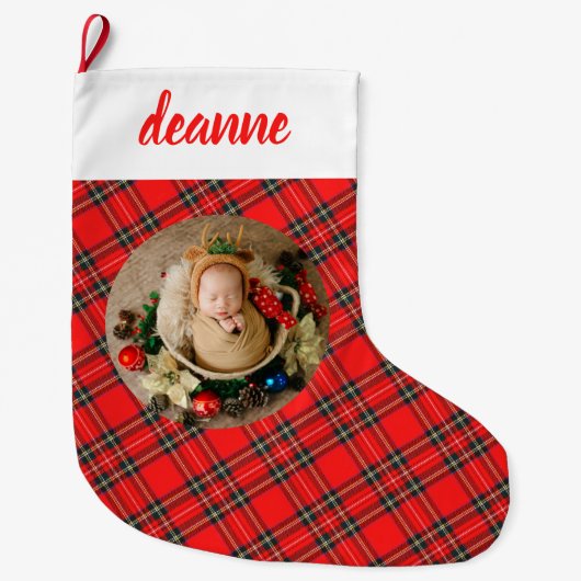 Red Plaid Elegant Baby's eerste kerstfoto Grote Kerstsok (Voorkant)