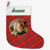 Red Plaid Elegant Baby's eerste kerstfoto Grote Kerstsok (Voorkant)